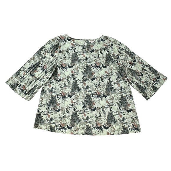 World Market Blouse L/XL Mint Green Peacock Bird Floral Pleated 3/4 Sleeve - Picture 6 of 8